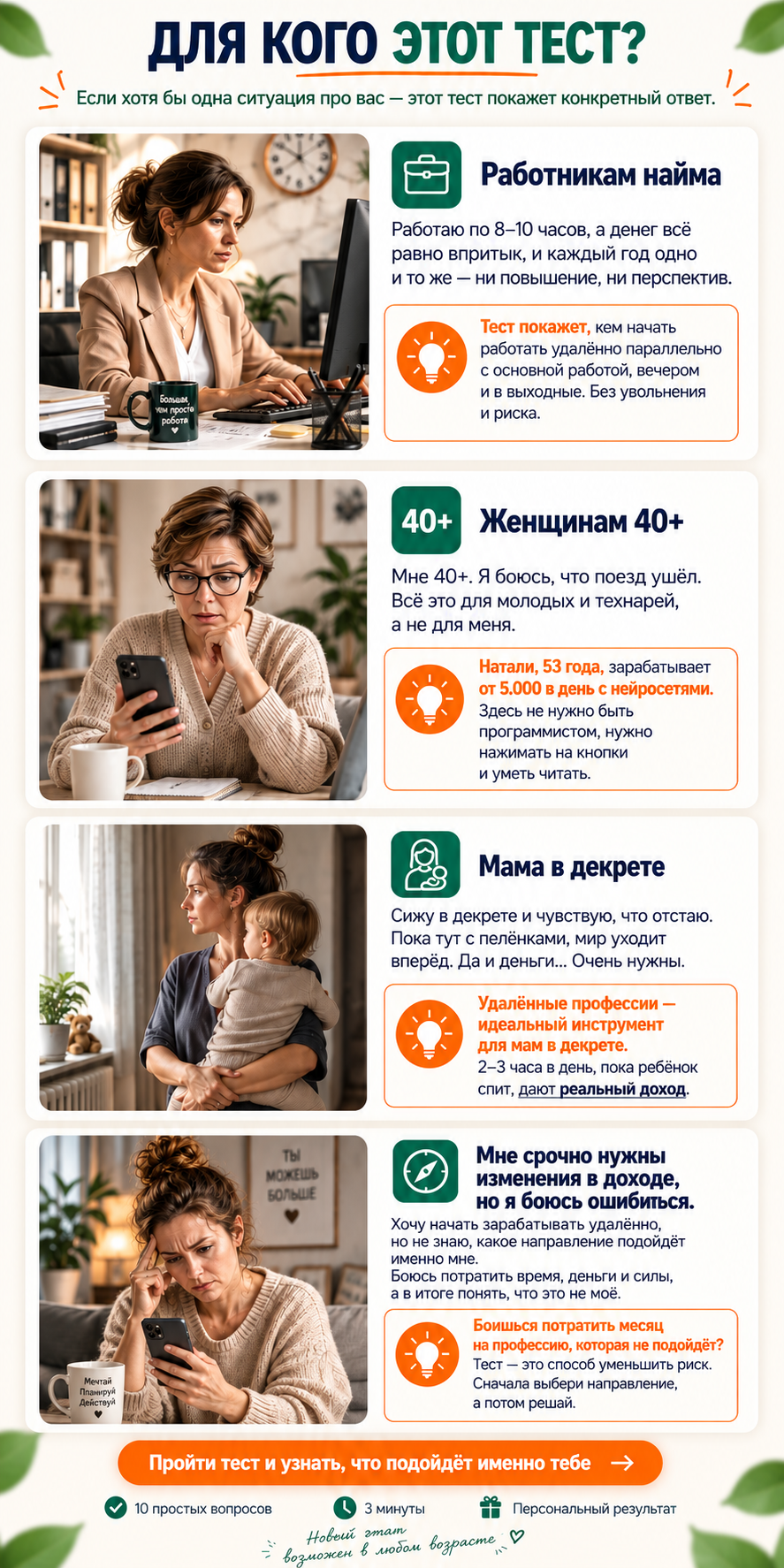 Для кого этот тест: работникам найма, женщинам 40+, мамам в декрете и тем, кому нужны изменения в доходе, но страшно ошибиться.