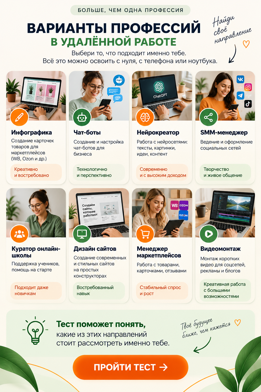 Варианты удалённых профессий: инфографика, чат-боты, нейрокреатор, SMM, куратор, дизайн сайтов, маркетплейсы и видеомонтаж.